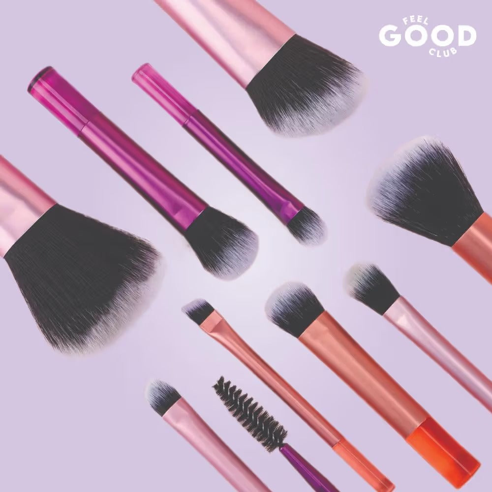 Feel Good Club Brush Brigade -10 Mini Makeup Blending Brush Set In Travel Pouch For Face Eyes & Lips