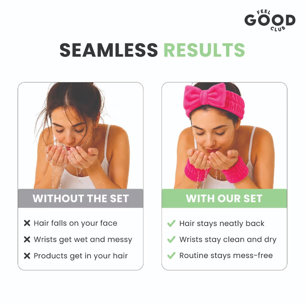 Feel Good Club Headband & Wristbands - Ultra Soft Set For Face Wash Skincare Makeup & Spa (3pcs)