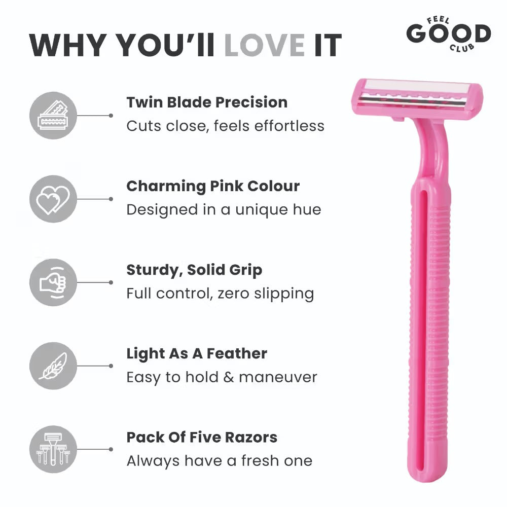 Feel Good Club Twin Blade Razors - Pack Of 5 Units For Quick & Painless Body Shaving & Hair Removal