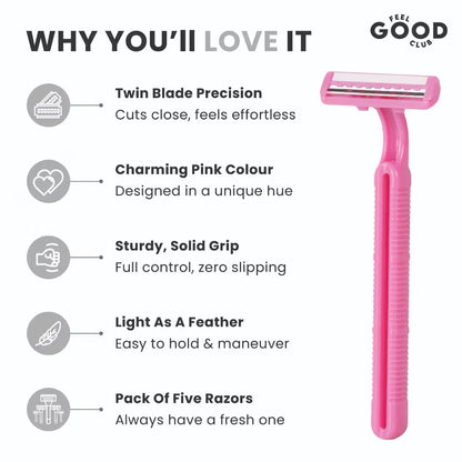 Feel Good Club Twin Blade Razors - Pack Of 5 Units For Quick & Painless Body Shaving & Hair Removal