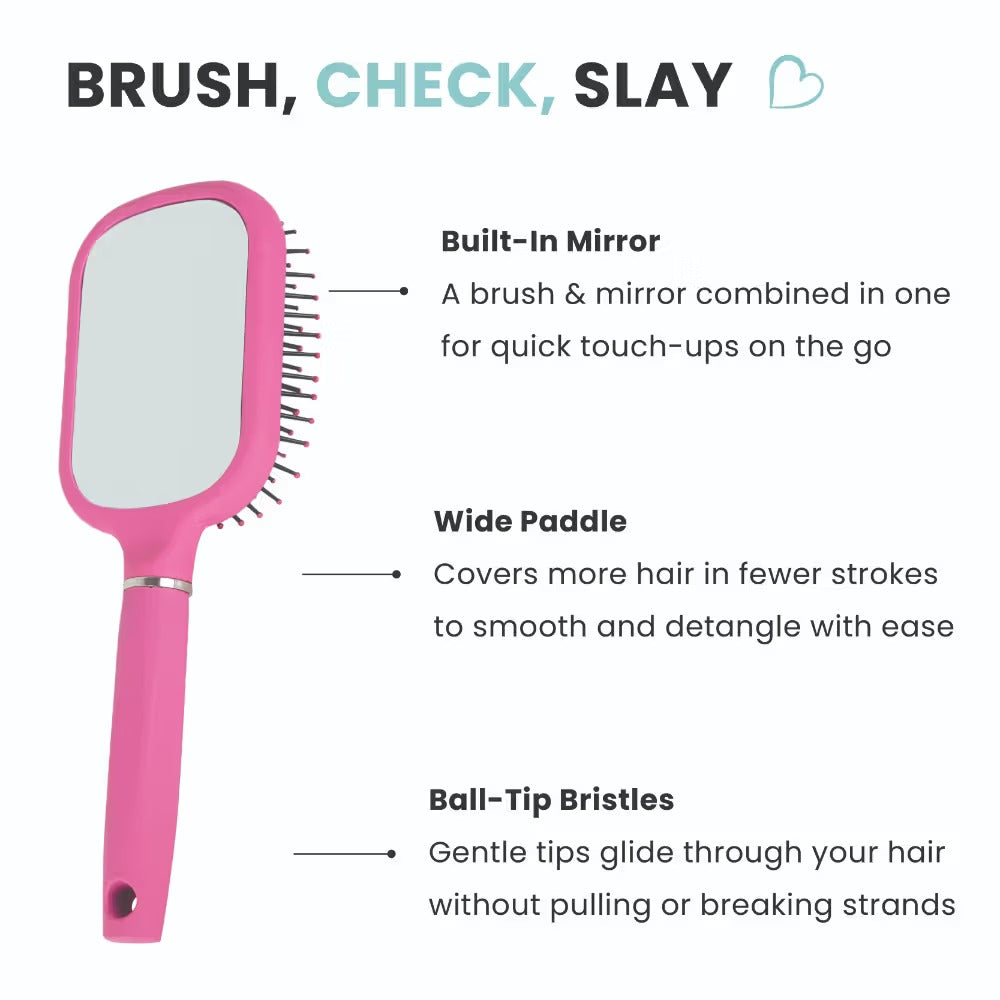 Feel Good Club Paddle Brush With Built-In Mirror On The Back For Detangling Frizz-Control & Styling