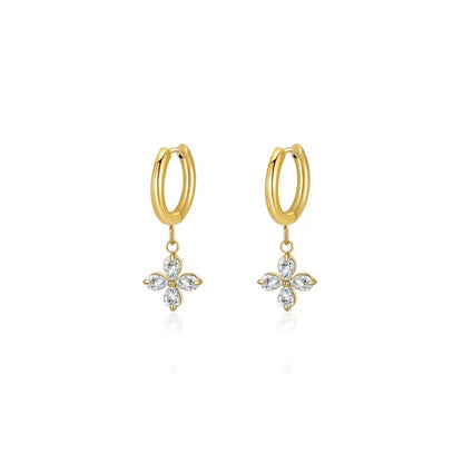 18KT Gold Plated Zircon Flower Stainless Steel Waterproof Charm Earrings, Rosea