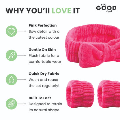 Feel Good Club Headband & Wristbands - Ultra Soft Set For Face Wash Skincare Makeup & Spa (3pcs)