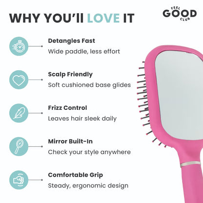 Feel Good Club Paddle Brush With Built-In Mirror On The Back For Detangling Frizz-Control & Styling