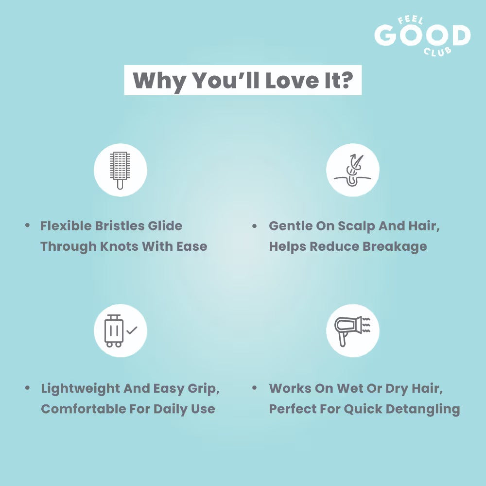 Feel Good Club Bristle Buddy - Soft Flexible Pink Paddle Brush For Gentle Hair Detangling & Styling