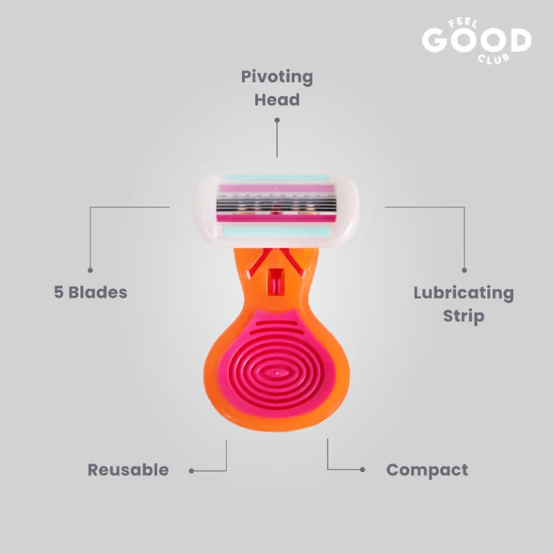 Feel Good Club Mini Body Razor With 5 Precision Blades & Travel Case For Painless Body Hair Removal