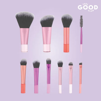 Feel Good Club Brush Brigade -10 Mini Makeup Blending Brush Set In Travel Pouch For Face Eyes & Lips
