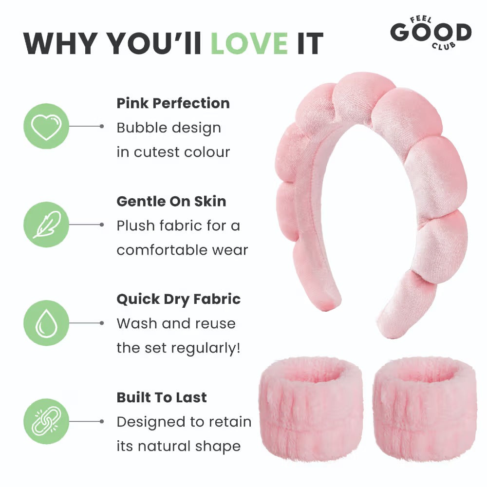 Feel Good Club Pink Bubble Headband & Wristbands - Set For Face Wash Skincare Makeup And Spa