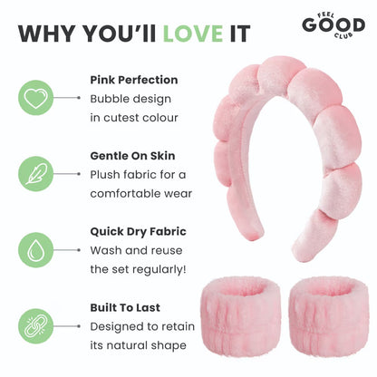 Feel Good Club Pink Bubble Headband & Wristbands - Set For Face Wash Skincare Makeup And Spa