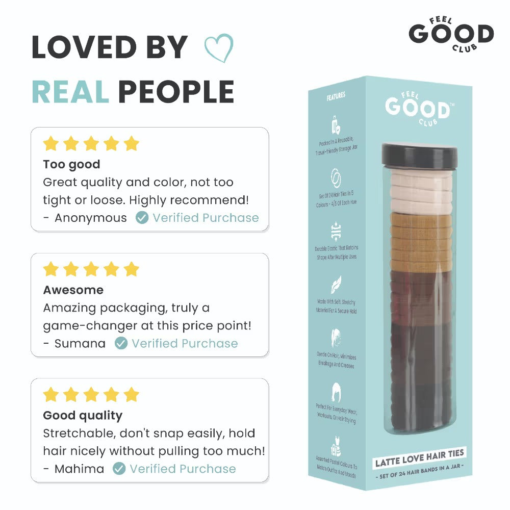Feel Good Club Latte Love Hair Ties - Set Of 24 Hair Bands In 5 Colours In A Reusable Storage Jar