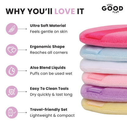 Feel Good Club Makeup Munchies- 6 Full-sized Pizza Powder Beauty Puffs In A Box Case (Mixed Colours)