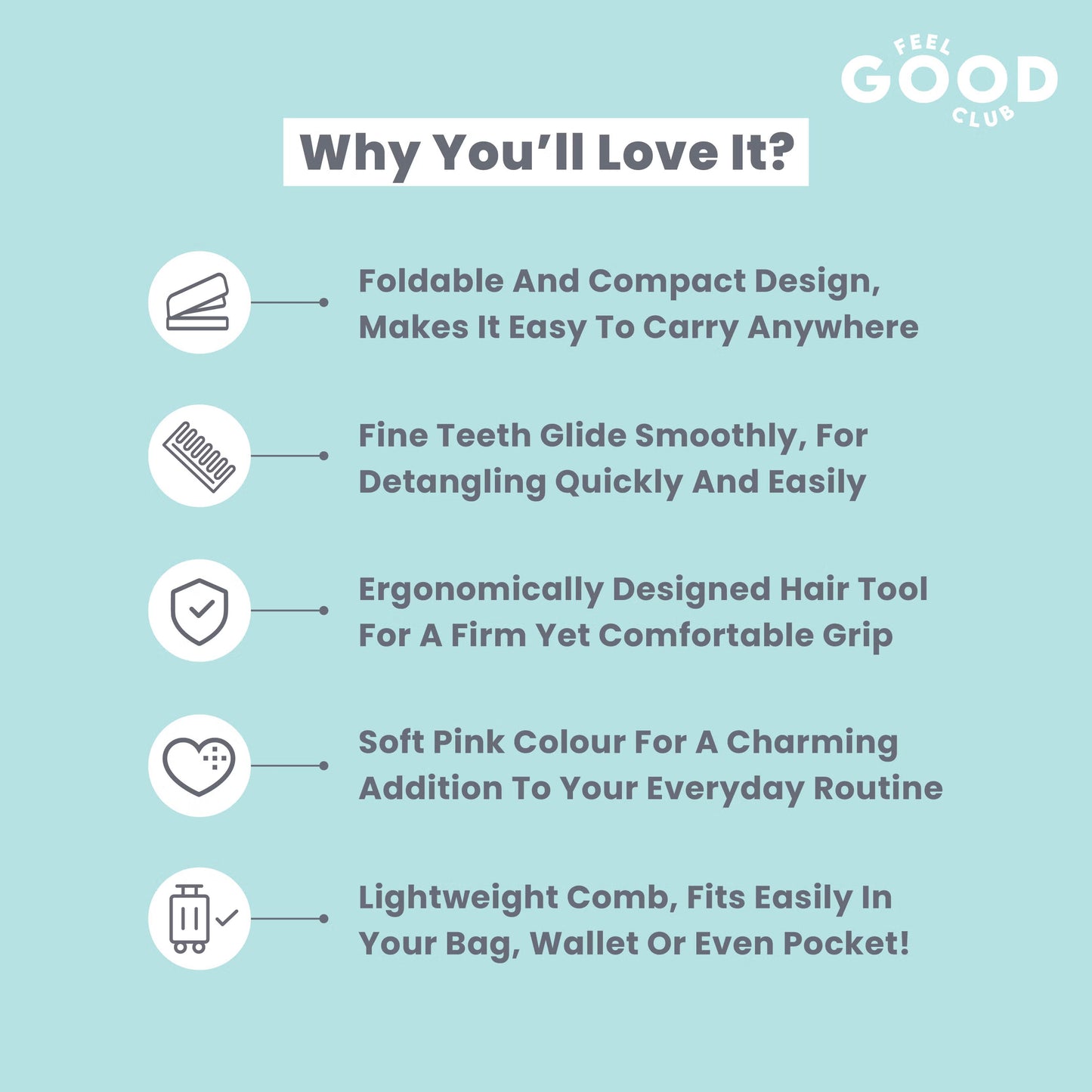 Feel Good Club Pocket Pal - Foldable Mini Hair Comb For Detangling Frizz-Control & Styling On The Go