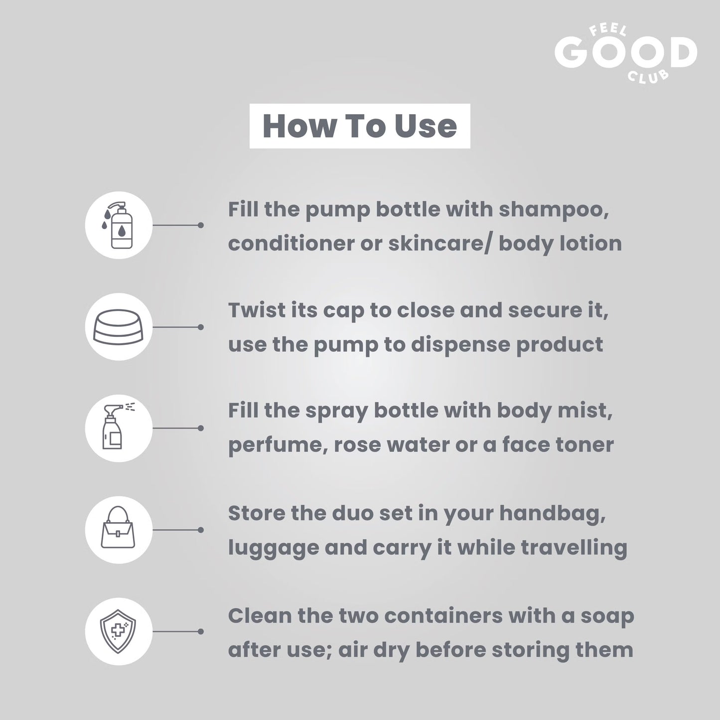 Feel Good Club Travel Toiletry Containers Set For Shampoo, Conditioner, Body Lotion, Skincare, Mists