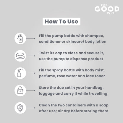 Feel Good Club Travel Toiletry Containers Set For Shampoo, Conditioner, Body Lotion, Skincare, Mists