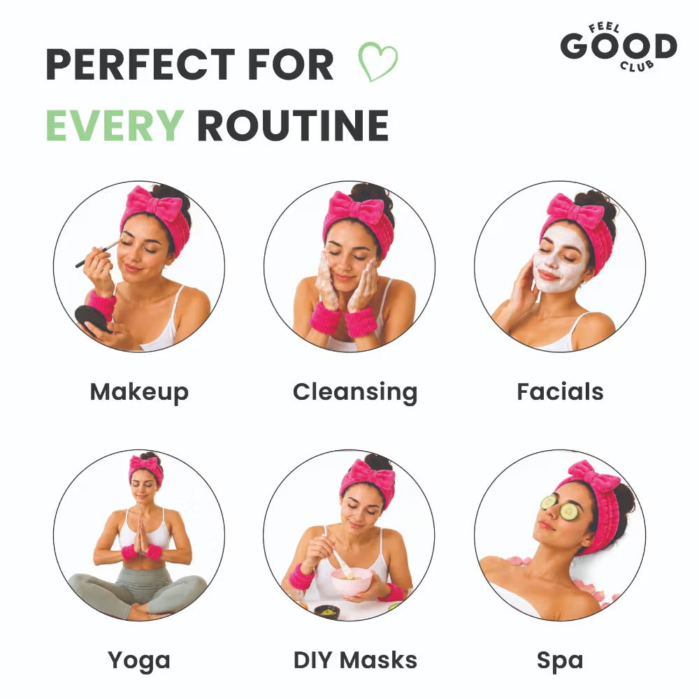 Feel Good Club Headband & Wristbands - Ultra Soft Set For Face Wash Skincare Makeup & Spa (3pcs)