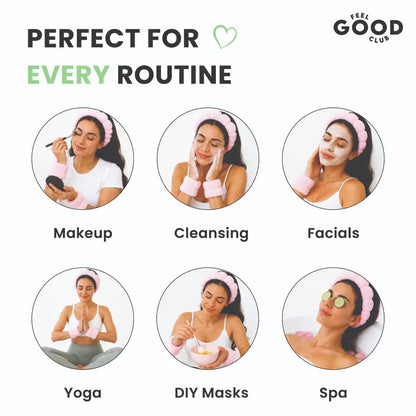 Feel Good Club Pink Bubble Headband & Wristbands - Set For Face Wash Skincare Makeup And Spa