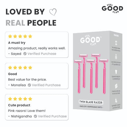 Feel Good Club Twin Blade Razors - Pack Of 5 Units For Quick & Painless Body Shaving & Hair Removal