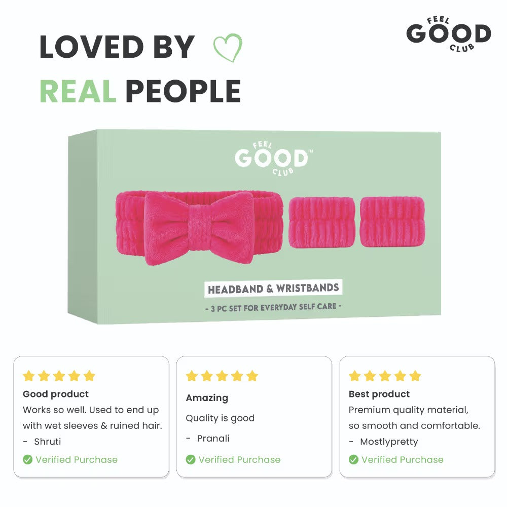 Feel Good Club Headband & Wristbands - Ultra Soft Set For Face Wash Skincare Makeup & Spa (3pcs)