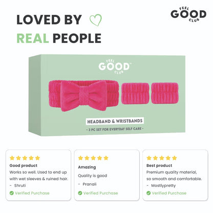 Feel Good Club Headband & Wristbands - Ultra Soft Set For Face Wash Skincare Makeup & Spa (3pcs)