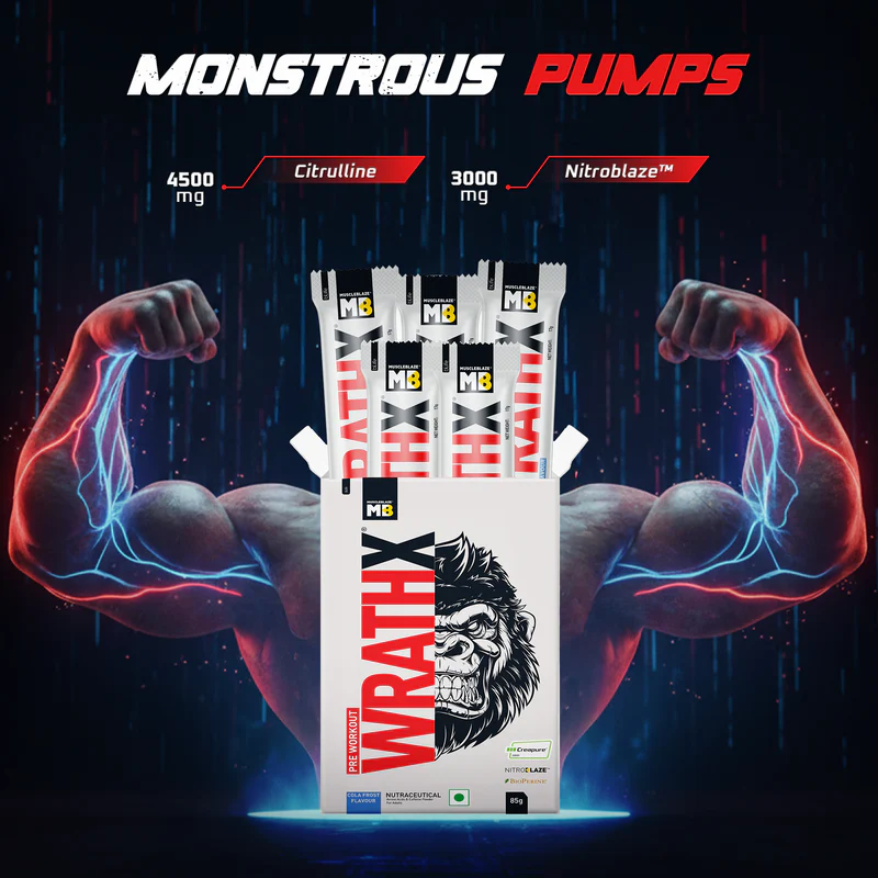 MuscleBlaze Pre Workout WrathX with Creapure®, Nitroblaze & BioPerine (Cola Frost, 85g, Pack of 5) | MuscleBlaze at Broadway