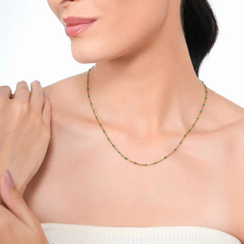 18 KT Gold Plated Stainless Steel Dainty Green Rolo Bead Necklace, Indie