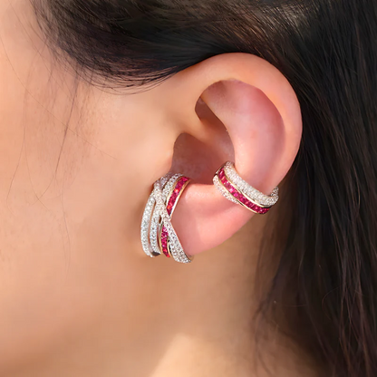 Modern Ruby & CZ Criss-Cross Jacket Earring with Matching Cuff Set, Kiana