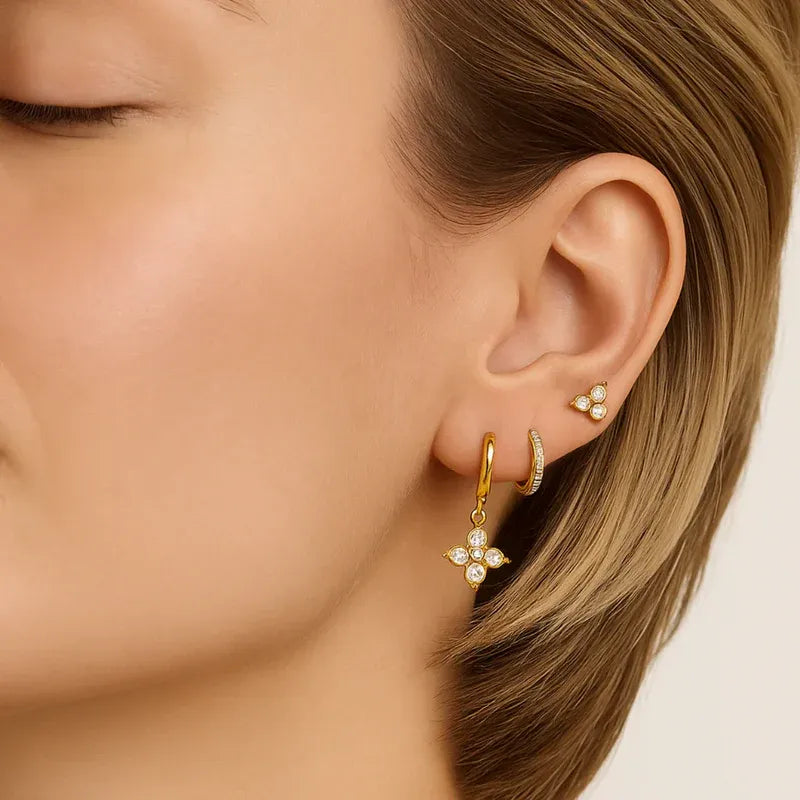 18KT Gold Plated Set of Three Flower and Golden Hoops Stainless Steel Waterproof Earrings Set, Liana