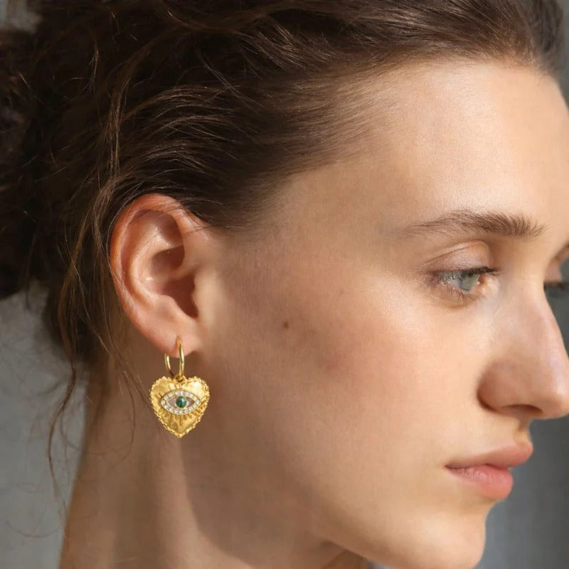 18K Gold Plated Heart Evil Eye Hoop Earrings with Malachite, Rhea