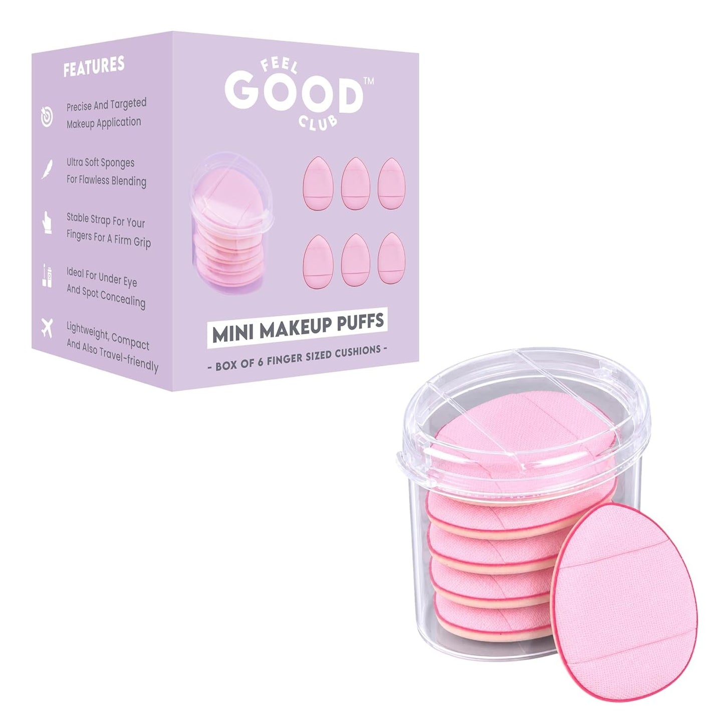 Feel Good Club Set Of 6 Finger Puffs With A Storage Case Mini Makeup Cushion Blender Sponges