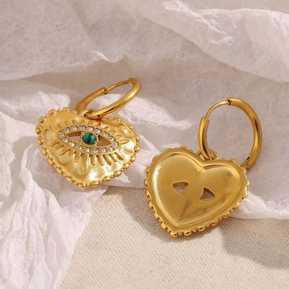 18K Gold Plated Heart Evil Eye Hoop Earrings with Malachite, Rhea