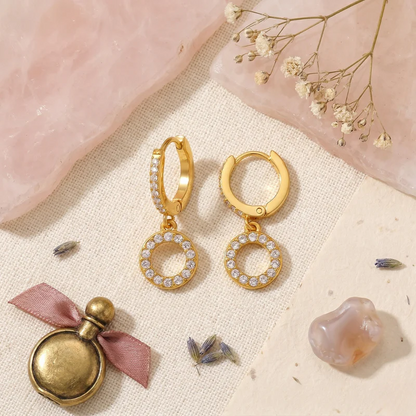 18K gold plated Elegant Crystal Halo Drop Hoop Earrings, Viviette