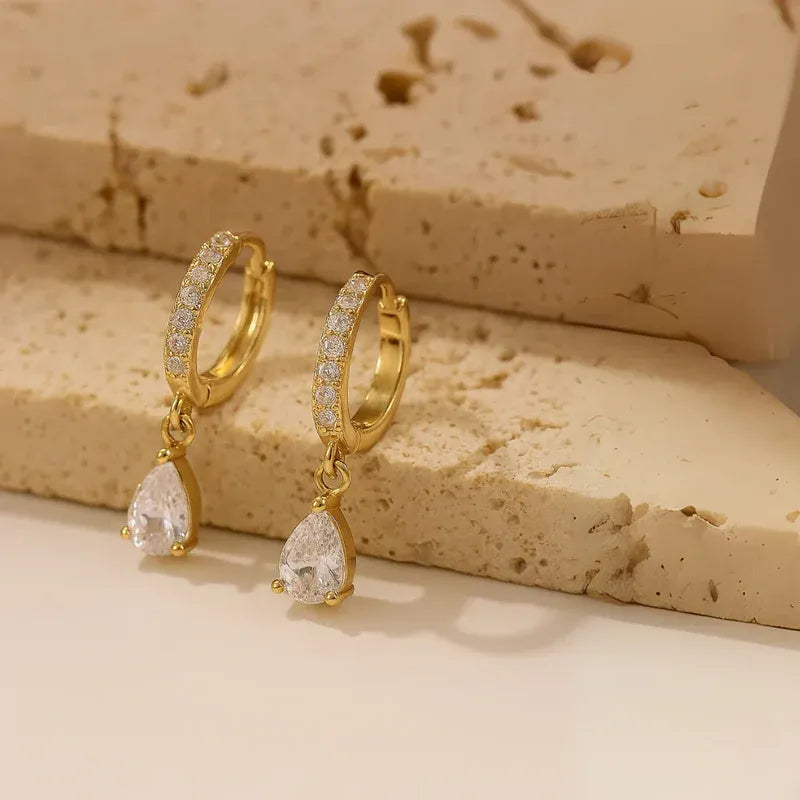 18kt Gold Plated Demi Fine White Zircon Water Droplet Huggie Drop Earrings, Aiden
