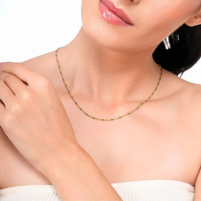 18 KT Gold Plated Stainless Steel Dainty Green Rolo Bead Necklace, Indie