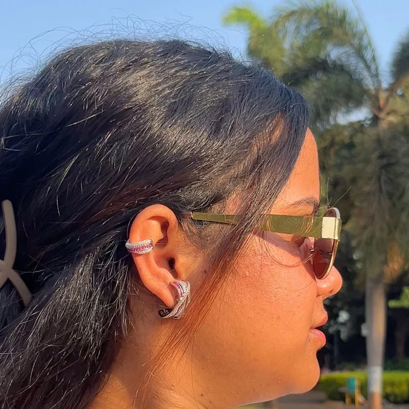 Modern Ruby & CZ Criss-Cross Jacket Earring with Matching Cuff Set, Kiana
