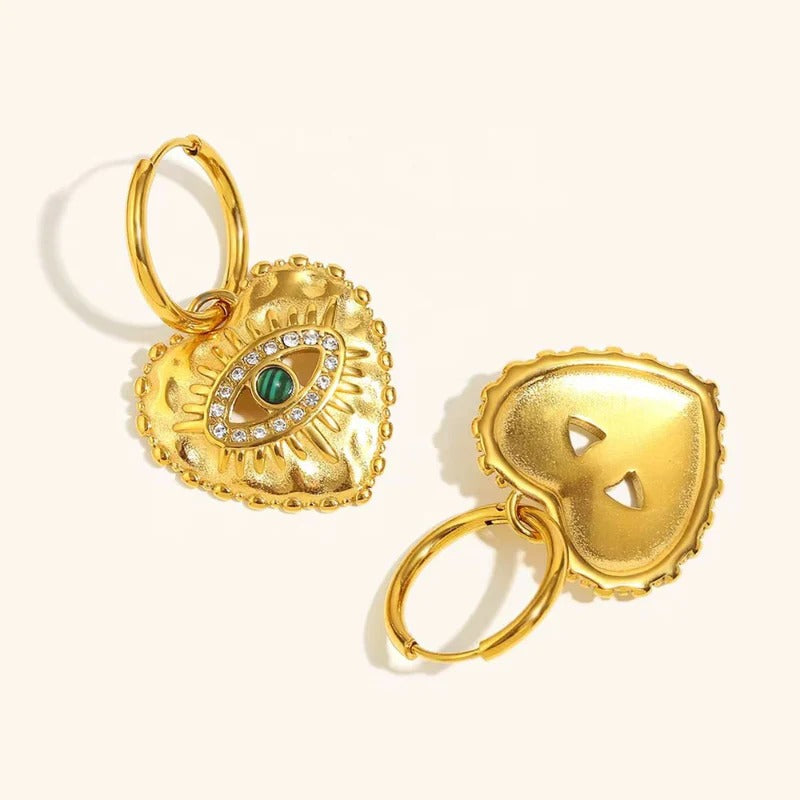 18K Gold Plated Heart Evil Eye Hoop Earrings with Malachite, Rhea