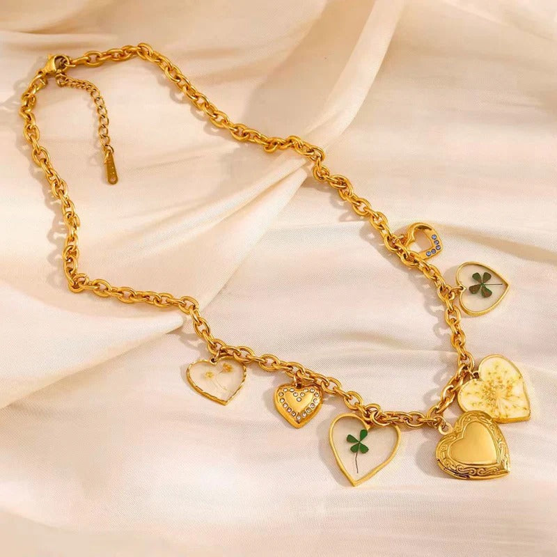 18K Gold plated Multi Charm Vintage Heart Necklace, Seraphina