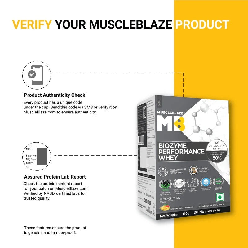 MuscleBlaze Biozyme Performance Whey Protein Sachets | MuscleBlaze at Broadway
