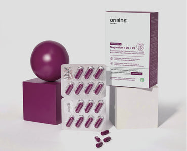 Origins Nutra Magnesium + D3 + K2-7 for Women | Supports Bone Health, Hormonal Balance, and Migraine Relief | Eases Leg Cramps | Five Magnesium Salts, Noval Vitamin K2-7, Vitashine D3 | GMP Certified | 56 Veg Capsules (Pack of 1)