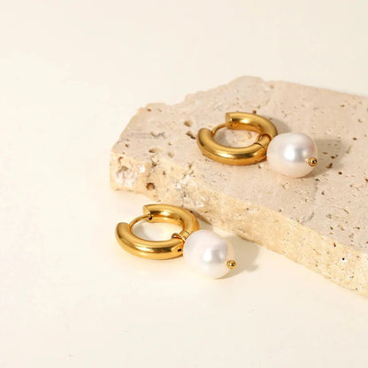 18kt Gold Plated Stainless Steel Freshwater Pearl Drop Earrings, Mukta