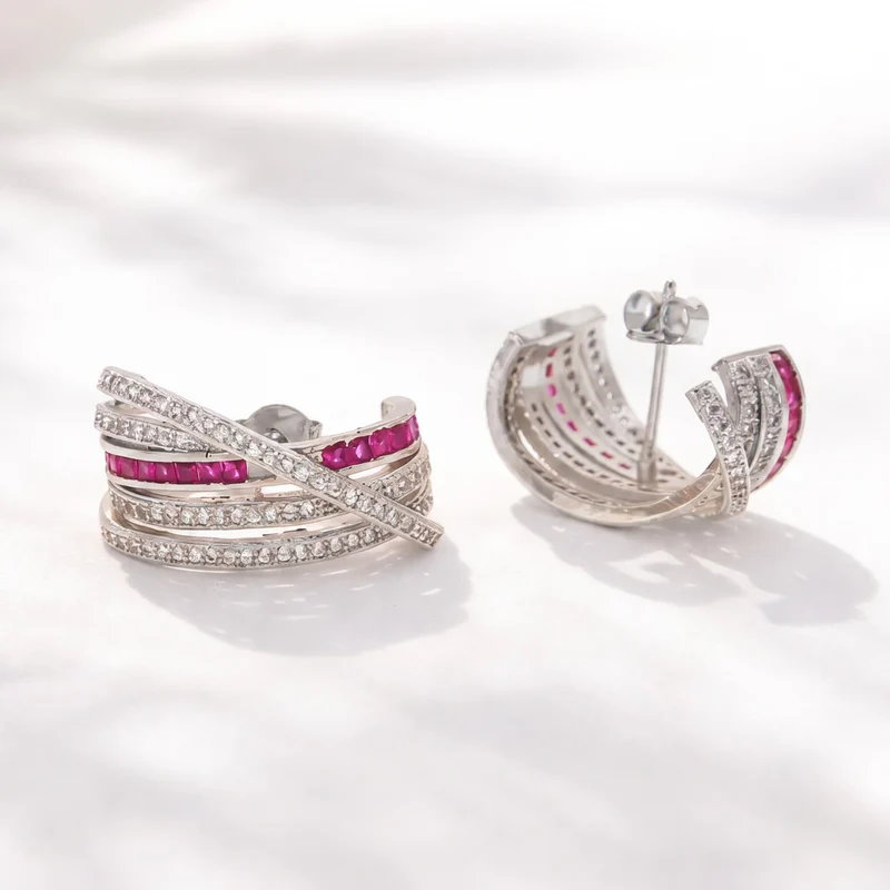 Modern Ruby & CZ Criss-Cross Jacket Earring with Matching Cuff Set, Kiana