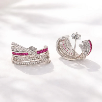 Modern Ruby & CZ Criss-Cross Jacket Earring with Matching Cuff Set, Kiana