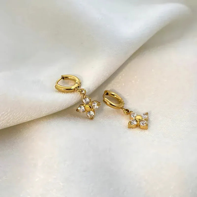 18KT Gold Plated Set of Three Flower and Golden Hoops Stainless Steel Waterproof Earrings Set, Liana