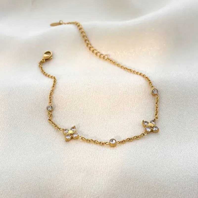 18KT Gold Plated Minimal Flower and Zircon Stainless Steel Waterproof Bracelet, Mirahi