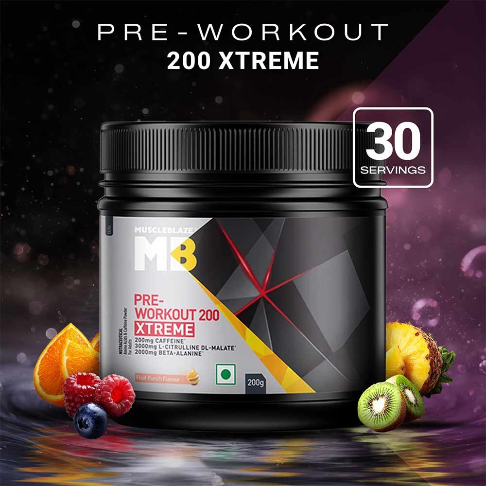MuscleBlaze Pre Workout 200 Xtreme (Fruit Punch, 30 Servings, 200g) | 200mg Caffeine | MuscleBlaze at Broadway