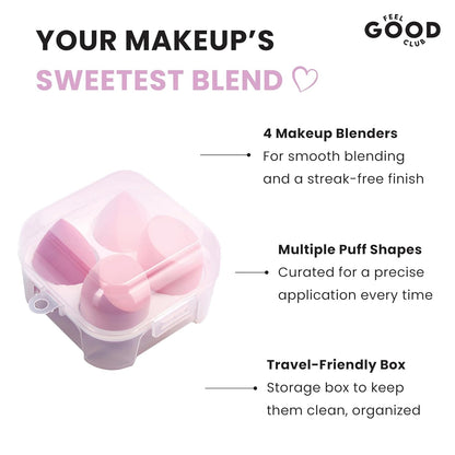 Feel Good Club Blender Bakery - 4 Makeup Sponges In Box (Beauty Applicator Puffs & Storage Case)