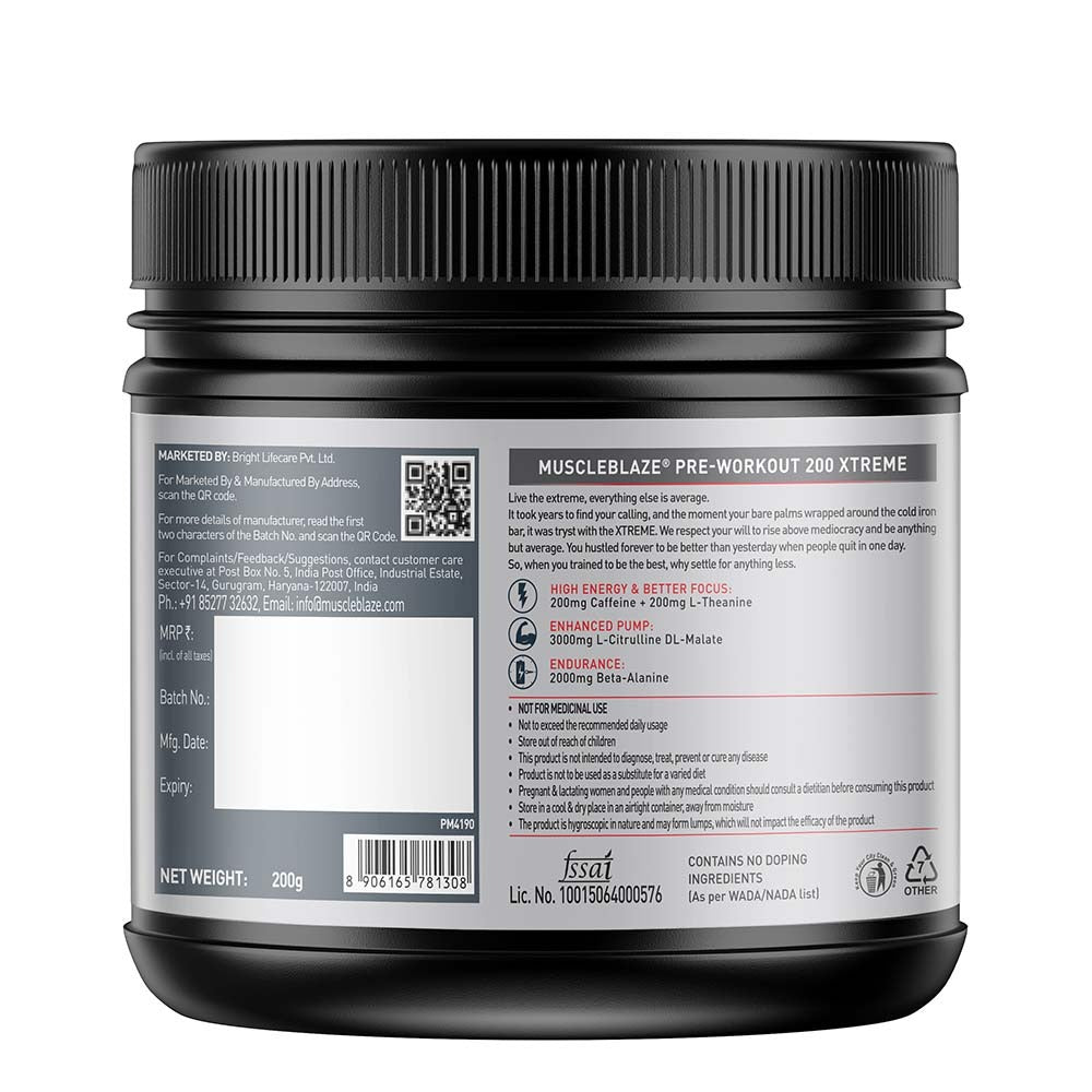 MuscleBlaze Pre Workout 200 Xtreme (Fruit Punch, 30 Servings, 200g) | 200mg Caffeine | MuscleBlaze at Broadway