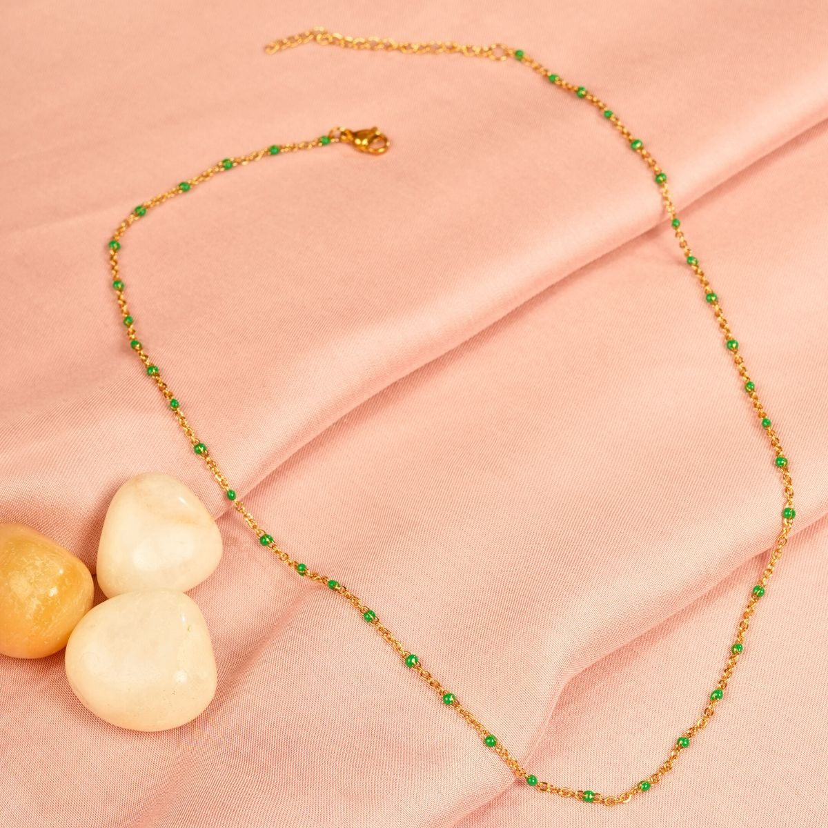 18 KT Gold Plated Stainless Steel Dainty Green Rolo Bead Necklace, Indie
