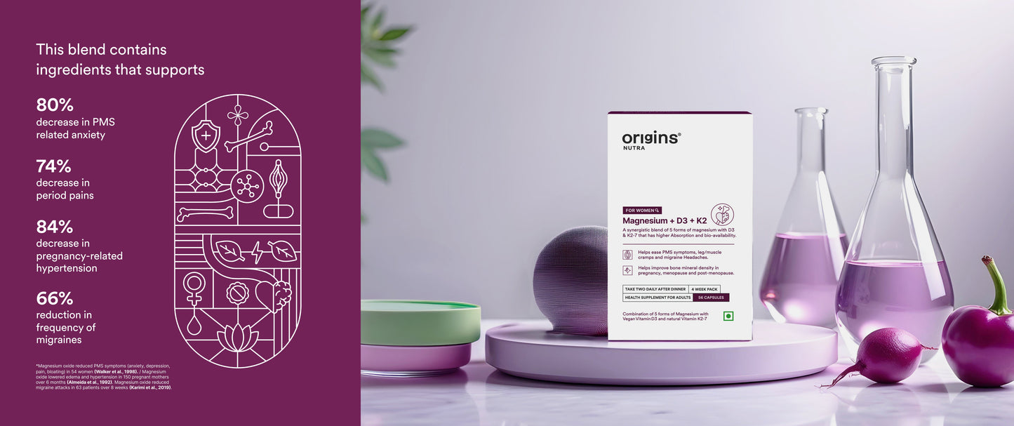 Origins Nutra Magnesium + D3 + K2-7 for Women | Supports Bone Health, Hormonal Balance, and Migraine Relief | Eases Leg Cramps | Five Magnesium Salts, Noval Vitamin K2-7, Vitashine D3 | GMP Certified | 56 Veg Capsules (Pack of 1)