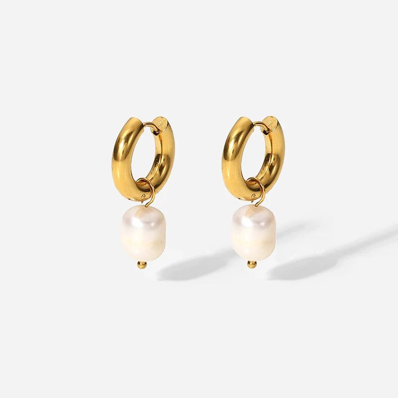 18kt Gold Plated Stainless Steel Freshwater Pearl Drop Earrings, Mukta