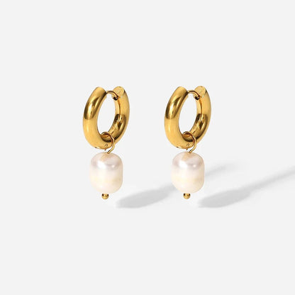 18kt Gold Plated Stainless Steel Freshwater Pearl Drop Earrings, Mukta